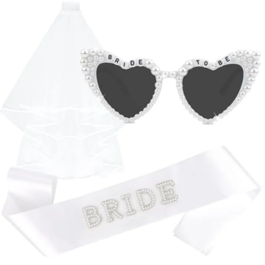 KICOSY Bride to Be Set: Pearl-Trimmed Heart Sunglasses, Pearl BRIDE Sash and Tulle Veil - Bachelorette Party Bridal Accessories
KICOSY Bride to Be Set: Pearl-Trimmed Heart Sunglasses, Pearl BRIDE Sash and Tulle Veil - Bachelorette Party Bridal Accessories