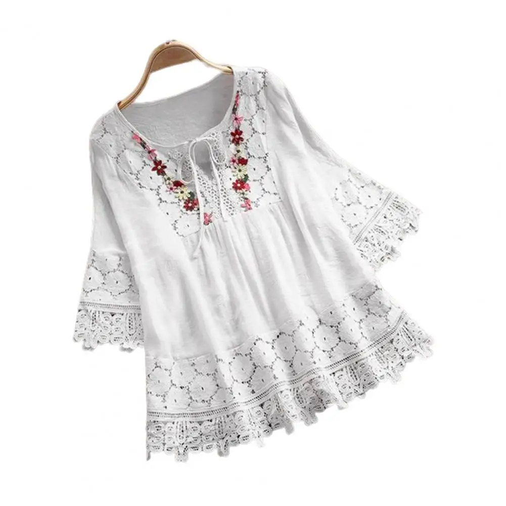 Casual Blouse Shrink Resistant Summer Shirt Solid Color Sweet Flower Decoration Hollow Lace Patchwork Blouse 3/4 Sleeves
Casual Blouse Shrink Resistant Summer Shirt Solid Color Sweet Flower Decoration Hollow Lace Patchwork Blouse 3/4 Sleeves