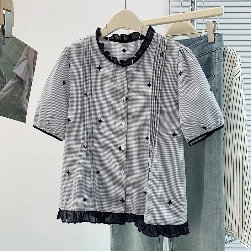 Summer New Checkered Short Sleeve Embroidered Shirt Women's Loose Versatile Top Thin Short Style Cotton Blend Button up
Summer New Checkered Short Sleeve Embroidered Shirt Women's Loose Versatile Top Thin Short Style Cotton Blend Button up