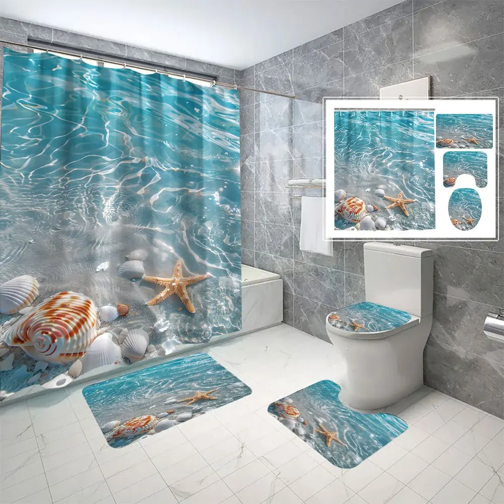 4-Piece Ocean Starfish Digital Print Polyester Shower Curtain Set, Waterproof Bathroom Accessories with Hooks, Machine Washable
4-Piece Ocean Starfish Digital Print Polyester Shower Curtain Set, Waterproof Bathroom Accessories with Hooks, Machine Washable