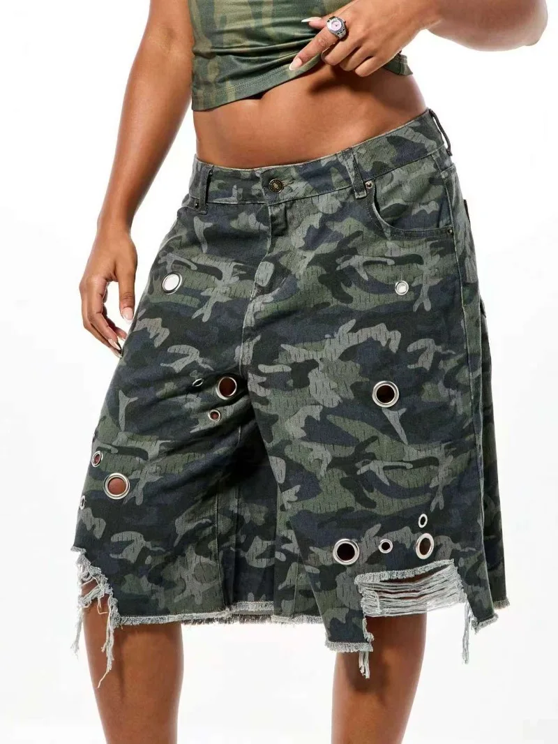 KEXU Fashion Women's Eyelet Camouflage Ripped Denim Five-point Shorts
KEXU Fashion Women's Eyelet Camouflage Ripped Denim Five-point Shorts
