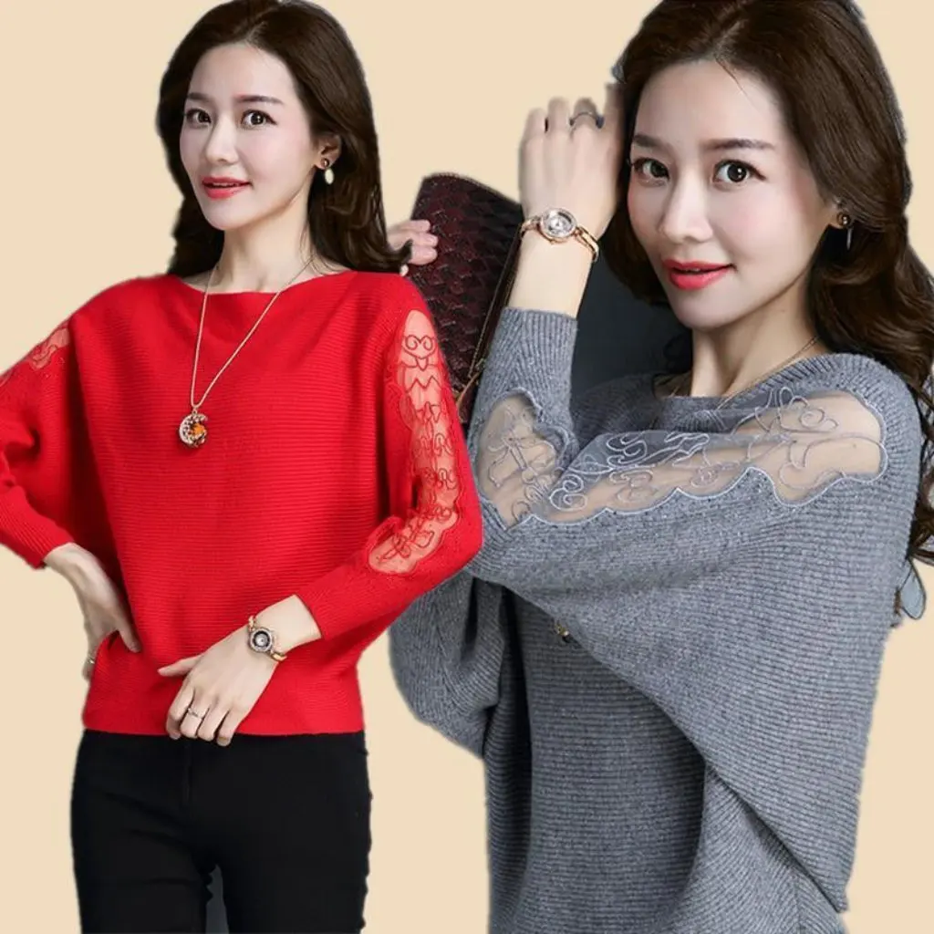 Women's Off-Shoulder Knitted Batwing Top Lace Sleeves Slimming Trendy T-Shirt Spring Autumn Fashion New Style 
Women's Off-Shoulder Knitted Batwing Top Lace Sleeves Slimming Trendy T-Shirt Spring Autumn Fashion New Style