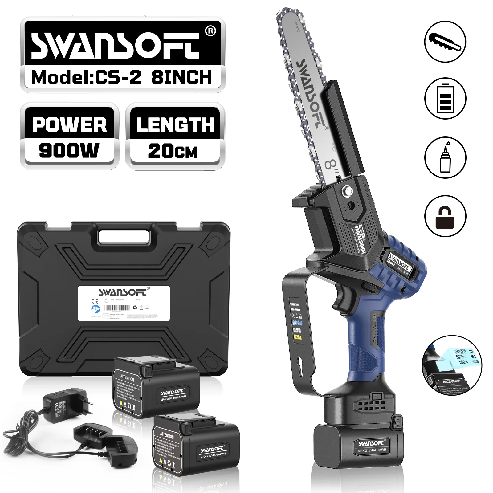 Swansoft 21V Cordless Chainsaw 8" Bar | 2x4Ah Batteries | Auto-Oiling | Safety Lock + Splash Guard
Swansoft 21V Cordless Chainsaw 8" Bar | 2x4Ah Batteries | Auto-Oiling | Safety Lock + Splash Guard