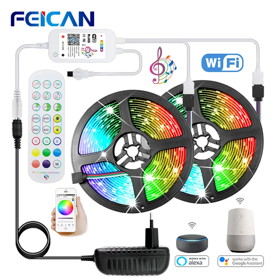 DC 12V WiFi LED Strip Lamp 10M 20M RGB Tape Works with Alexa Music Sync Neon Ribbon Flexible Christmas Decor Holiday LED Lights
DC 12V WiFi LED Strip Lamp 10M 20M RGB Tape Works with Alexa Music Sync Neon Ribbon Flexible Christmas Decor Holiday LED Lights