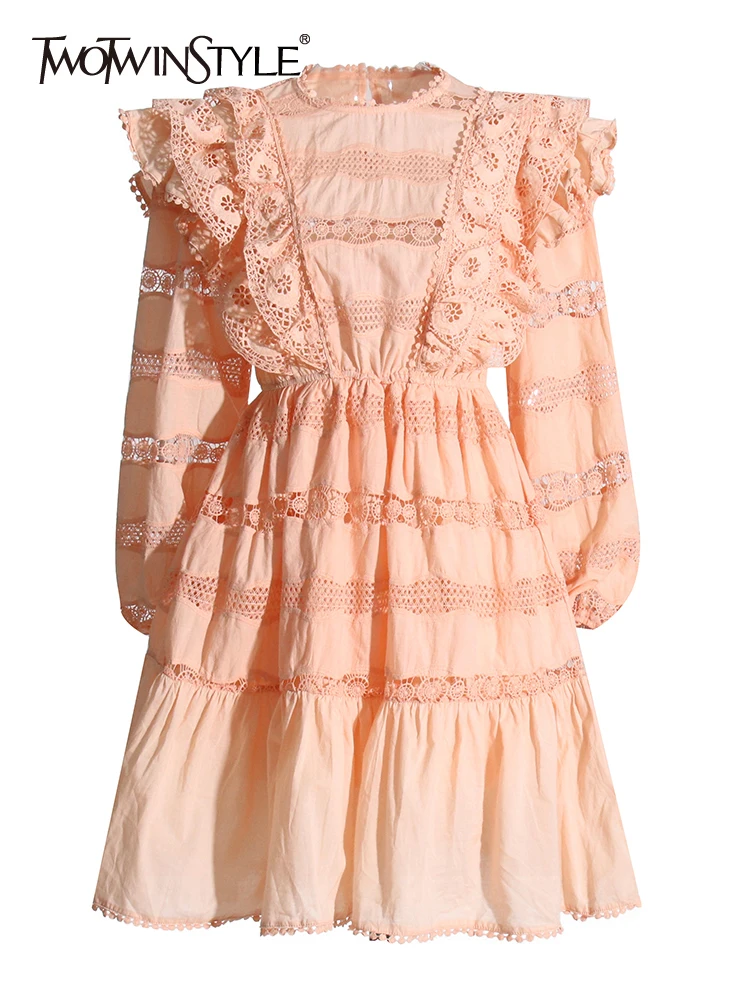 TWOTWINSTYLE Solid Hollow Out Patchwork Lace Dress For Women Round Neck Lantern Sleeve High Waist Elegant Dresses Female Style
TWOTWINSTYLE Solid Hollow Out Patchwork Lace Dress For Women Round Neck Lantern Sleeve High Waist Elegant Dresses Female Style