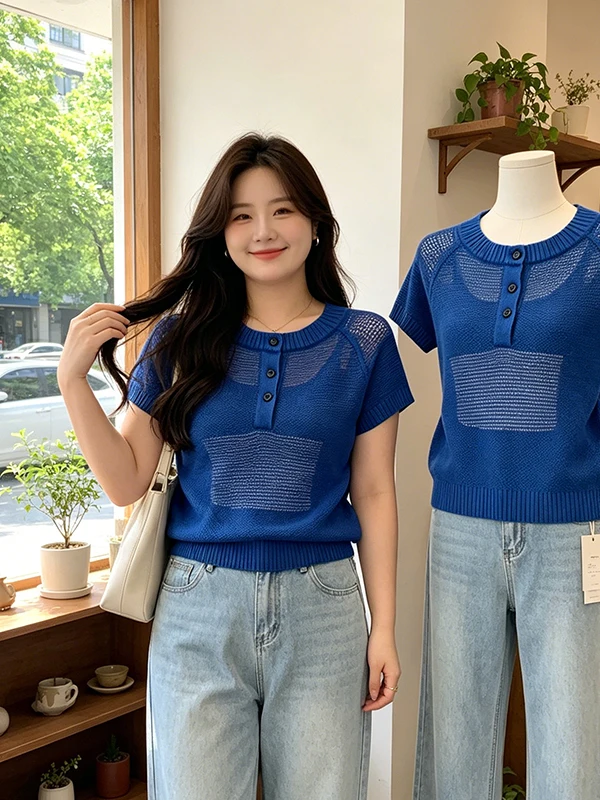 Blue Knitted Hollow out Breathable round Neck Short Sleeve Summer Thin Slimming Women's Top Korean Style Loose Fit Soft Fabric
Blue Knitted Hollow out Breathable round Neck Short Sleeve Summer Thin Slimming Women's Top Korean Style Loose Fit Soft Fabric