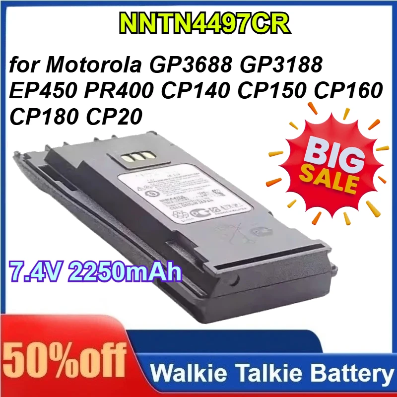 NNTN4497CR 7.4V 2250mAh for Motorola GP3688 GP3188 EP450 PR400 CP140 CP150 CP160 CP180 CP20 Walkie Talkie Battery
NNTN4497CR 7.4V 2250mAh for Motorola GP3688 GP3188 EP450 PR400 CP140 CP150 CP160 CP180 CP20 Walkie Talkie Battery