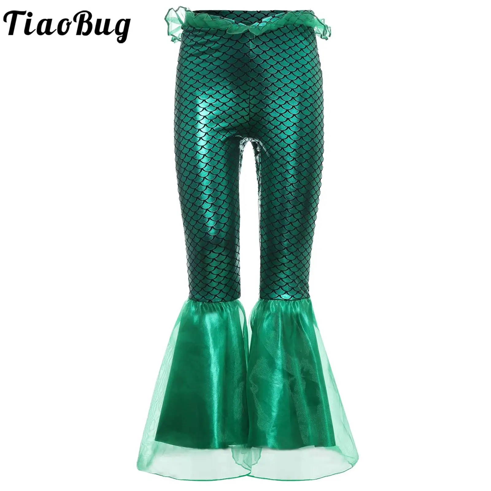 Брюки для косплея русалки для девочек, расклешенные брюки с металлическим принтом рыбьей чешуи и органзой для тематической вечеринки, карнавальный костюм на Хэллоуин 
Брюки для косплея русалки для девочек, расклешенные брюки с металлическим принтом рыбьей чешуи и органзой для тематической вечеринки, карнавальный костюм на Хэллоуин