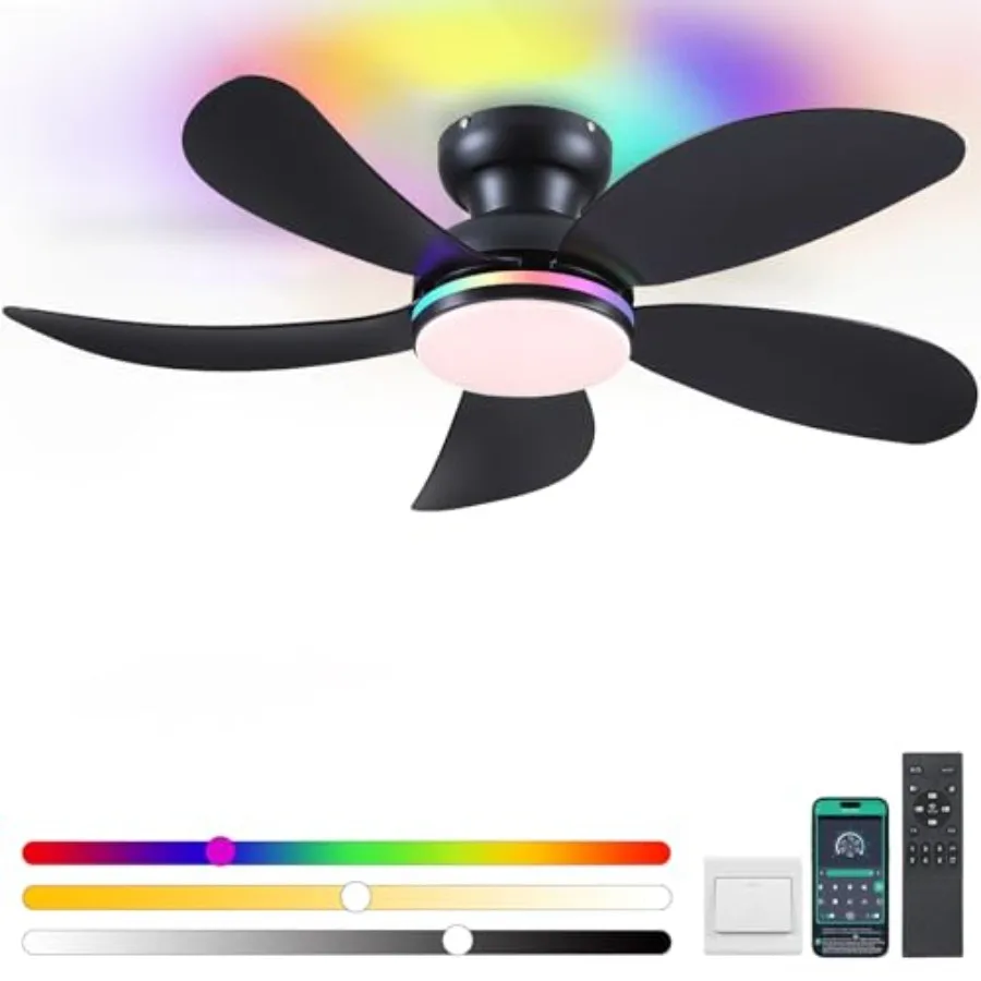 42" Black RGB Ceiling Fans with Lights and Remote/APPLow Profile Ceiling Fans with Quiet Reversible DC Motor Small Modern Flush
42" Black RGB Ceiling Fans with Lights and Remote/APPLow Profile Ceiling Fans with Quiet Reversible DC Motor Small Modern Flush
