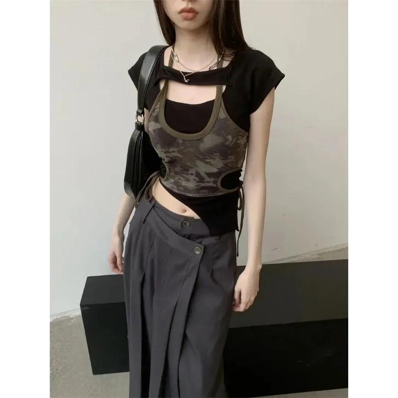 Новые летние топы для женщин, футболка из двух частей с французским камуфляжным принтом, сетчатая футболка с воротником-халтер и подтяжками
Новые летние топы для женщин, футболка из двух частей с французским камуфляжным принтом, сетчатая футболка с воротником-халтер и подтяжками