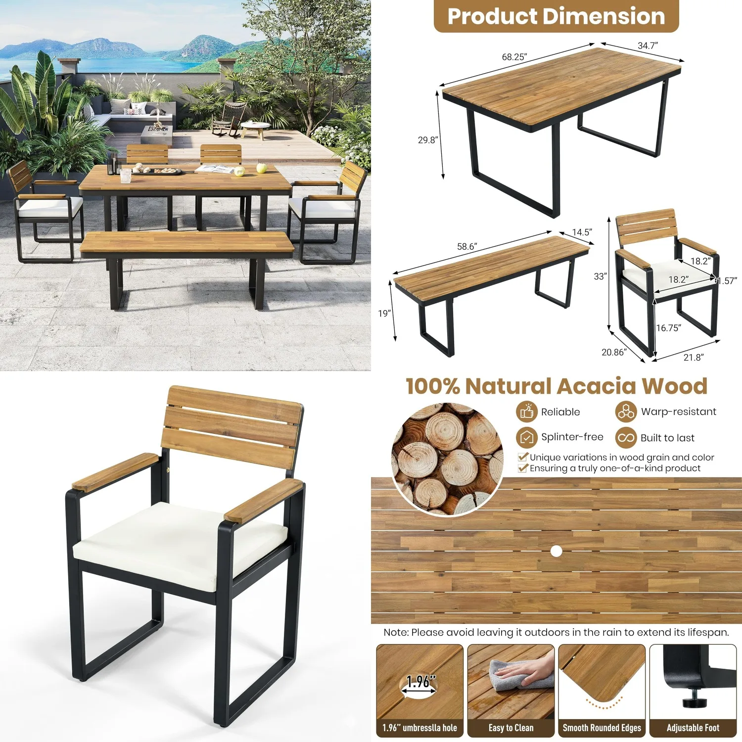 6-7 Seat Wood Slat Outdoor Dining Set Cushioned Chairs Umbrella Hole Patio Garden Backyard Poolside Customized
6-7 Seat Wood Slat Outdoor Dining Set Cushioned Chairs Umbrella Hole Patio Garden Backyard Poolside Customized