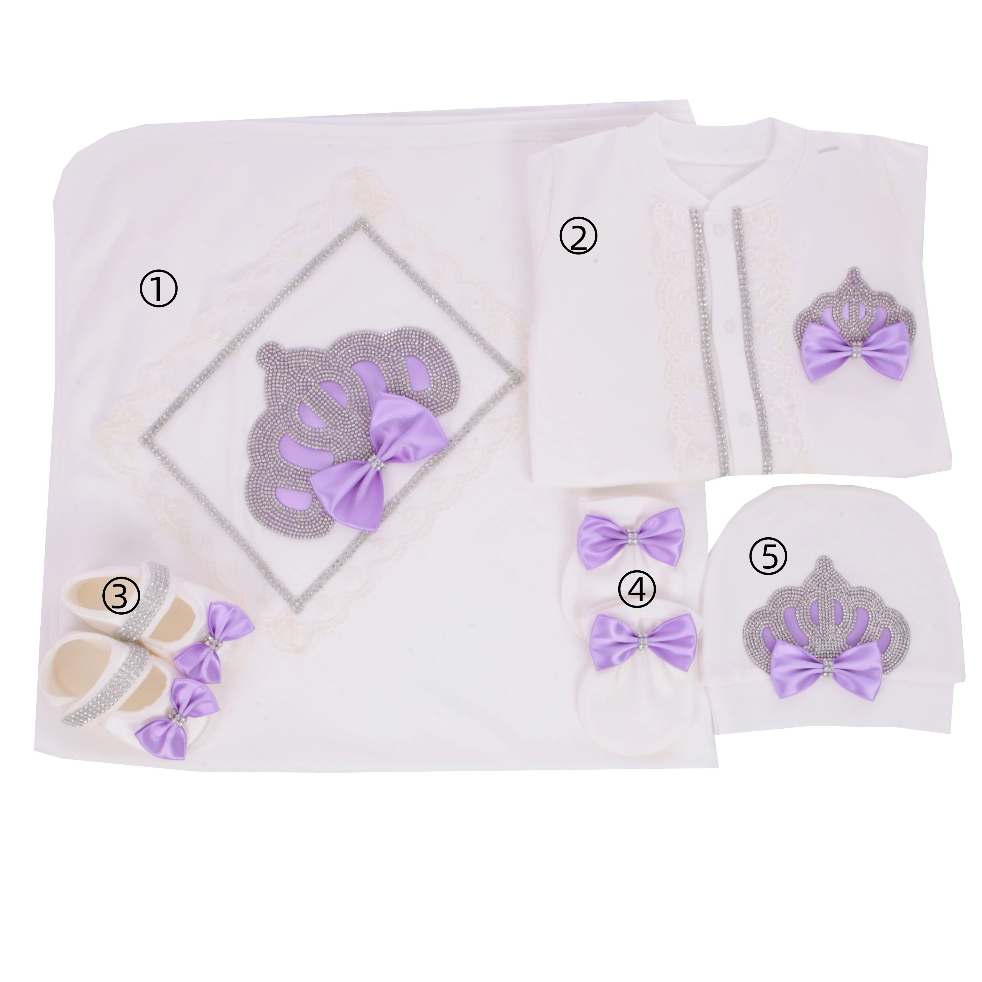 Majestic Luxury Princess Baby Layette Set 5Pcs White Purple Rhinestone Crown Satin Bow Newborn Outfit Gift Set
Majestic Luxury Princess Baby Layette Set 5Pcs White Purple Rhinestone Crown Satin Bow Newborn Outfit Gift Set