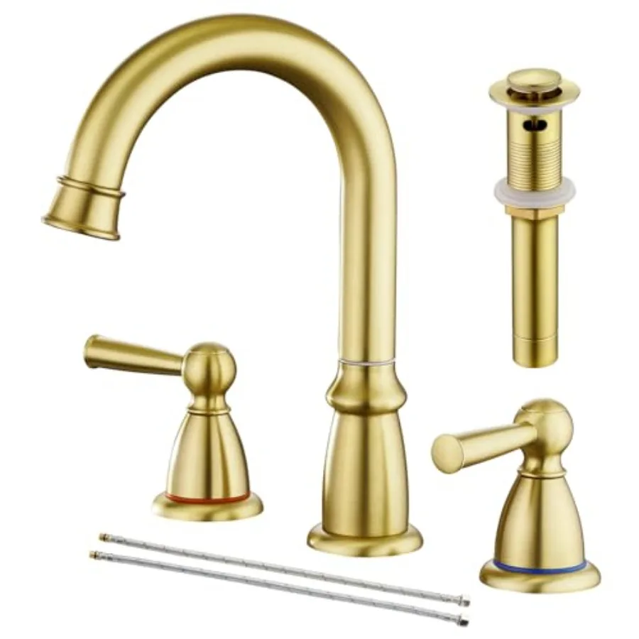 Widespread Bathroom Faucet 3 Hole Brushed Gold Sink Faucet 8 inch with Pop Up Drain 2 Handle 4 inch Faucets for Vanity Lavatory
Widespread Bathroom Faucet 3 Hole Brushed Gold Sink Faucet 8 inch with Pop Up Drain 2 Handle 4 inch Faucets for Vanity Lavatory