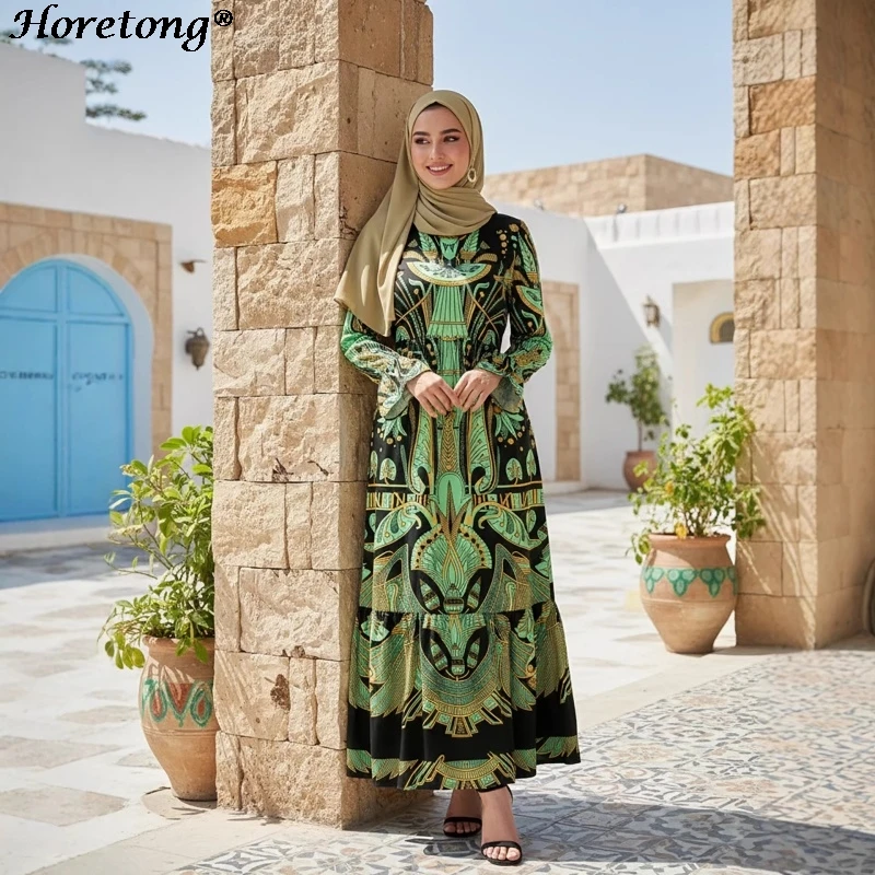 Egyptian Tribal Ethnic Print Muslim Abaya Horetong 2026 Green Gold Round Neck Flare Sleeve Tiered Modest Ramadan Eid Maxi Dress
Egyptian Tribal Ethnic Print Muslim Abaya Horetong 2026 Green Gold Round Neck Flare Sleeve Tiered Modest Ramadan Eid Maxi Dress