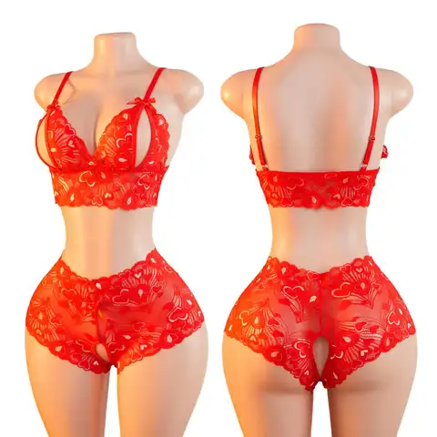 Red Lace 2-Piece Bra and Panty Set for Women, V-Neck Spaghetti Strap Lingerie – Daily Sleepwear & Special Occasion