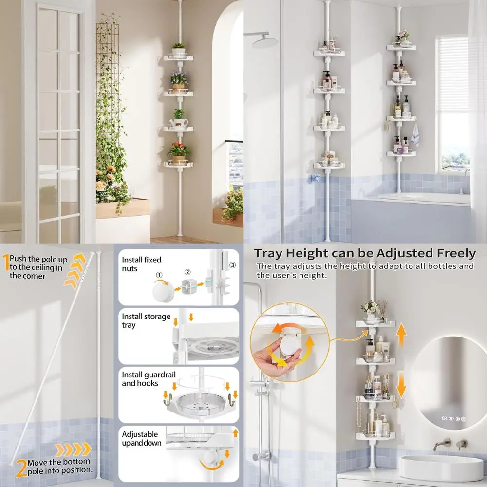 360° Rotating Shower Caddy Organizer - 4-Tier Adjustable Rustproof Metal Pole, Plastic Shelves with Safety Guardrail, Bathroom S
360° Rotating Shower Caddy Organizer - 4-Tier Adjustable Rustproof Metal Pole, Plastic Shelves with Safety Guardrail, Bathroom S