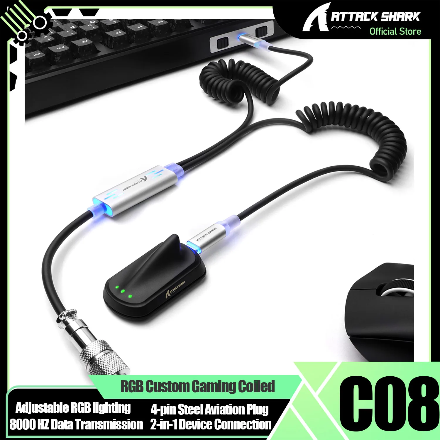 ATTACK SHARK C08 Dual USB-C RGB Coiled Keyboard Cable, 8K Fast Charging Data Cable, Detachable Aviator Connecto
ATTACK SHARK C08 Dual USB-C RGB Coiled Keyboard Cable, 8K Fast Charging Data Cable, Detachable Aviator Connecto