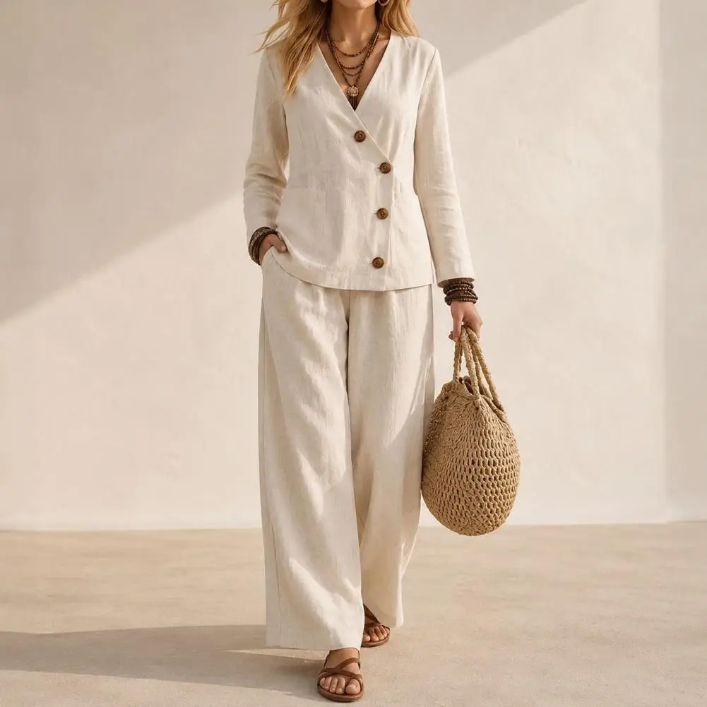 2026 Women Linen Blend Outfit Set, Asymmetrical Wooden Button V Neck Long Sleeve Top, Loose Wide Leg Pants, Breathable Casual Bo
2026 Women Linen Blend Outfit Set, Asymmetrical Wooden Button V Neck Long Sleeve Top, Loose Wide Leg Pants, Breathable Casual Bo