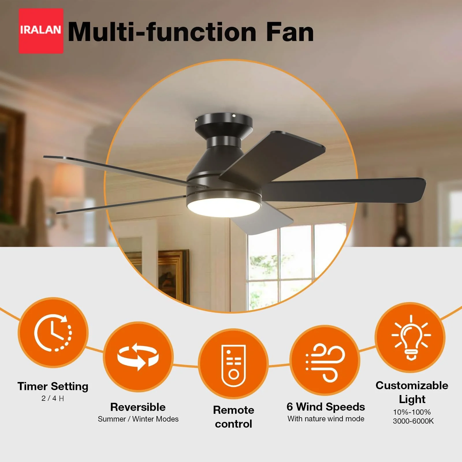 IRALAN Ceiling Fan Lamp 42/52 Inch White Black DC Motor Reversible Fan Remote Control 6-Speed Ceiling Fan Light for Living Room
IRALAN Ceiling Fan Lamp 42/52 Inch White Black DC Motor Reversible Fan Remote Control 6-Speed Ceiling Fan Light for Living Room