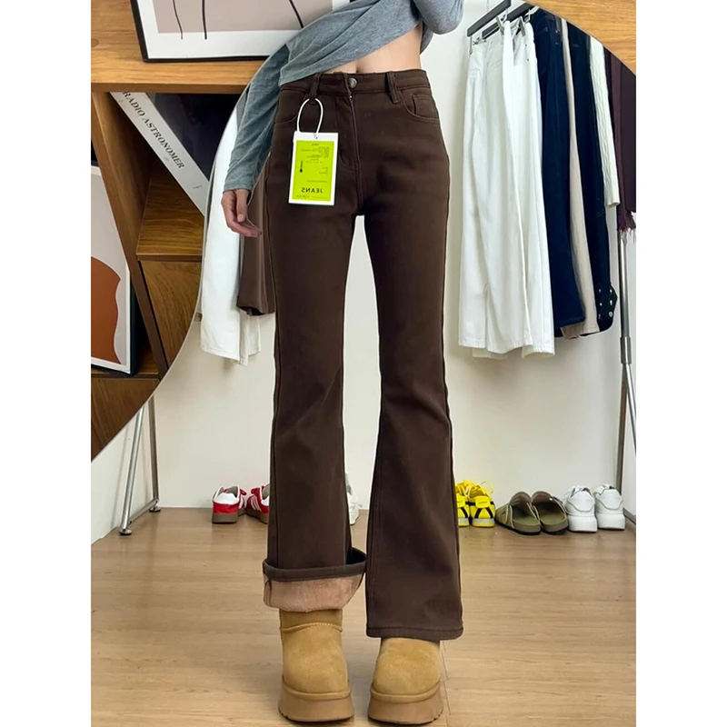 Thickened Fleece High Waist Bell Bottom Jeans Women Slim Fit Drapey Coffee Color Winter Warm Cotton Stretch Denim Bootcut Pants
Thickened Fleece High Waist Bell Bottom Jeans Women Slim Fit Drapey Coffee Color Winter Warm Cotton Stretch Denim Bootcut Pants