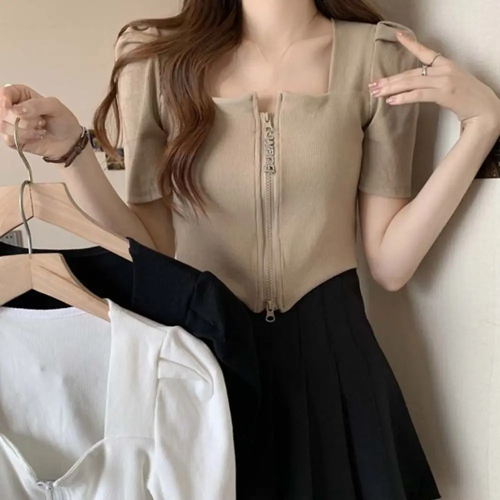 Comfortable Square Neck Double Zipper T-shirt Loose Slim Fit Short Sleeved T Shirts Ins Short Crop Tees for Women Female
Comfortable Square Neck Double Zipper T-shirt Loose Slim Fit Short Sleeved T Shirts Ins Short Crop Tees for Women Female