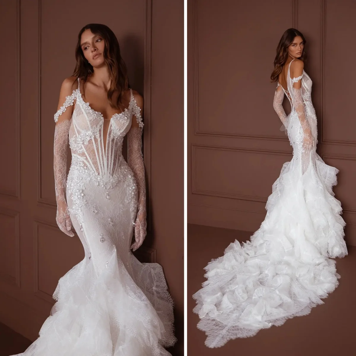 Customized Mermaid Wedding Dresses Crystals Rhinestones Appliques Lace Up Back Multi-Layered Ruffles Bridal Gowns Garden Vestido
Customized Mermaid Wedding Dresses Crystals Rhinestones Appliques Lace Up Back Multi-Layered Ruffles Bridal Gowns Garden Vestido