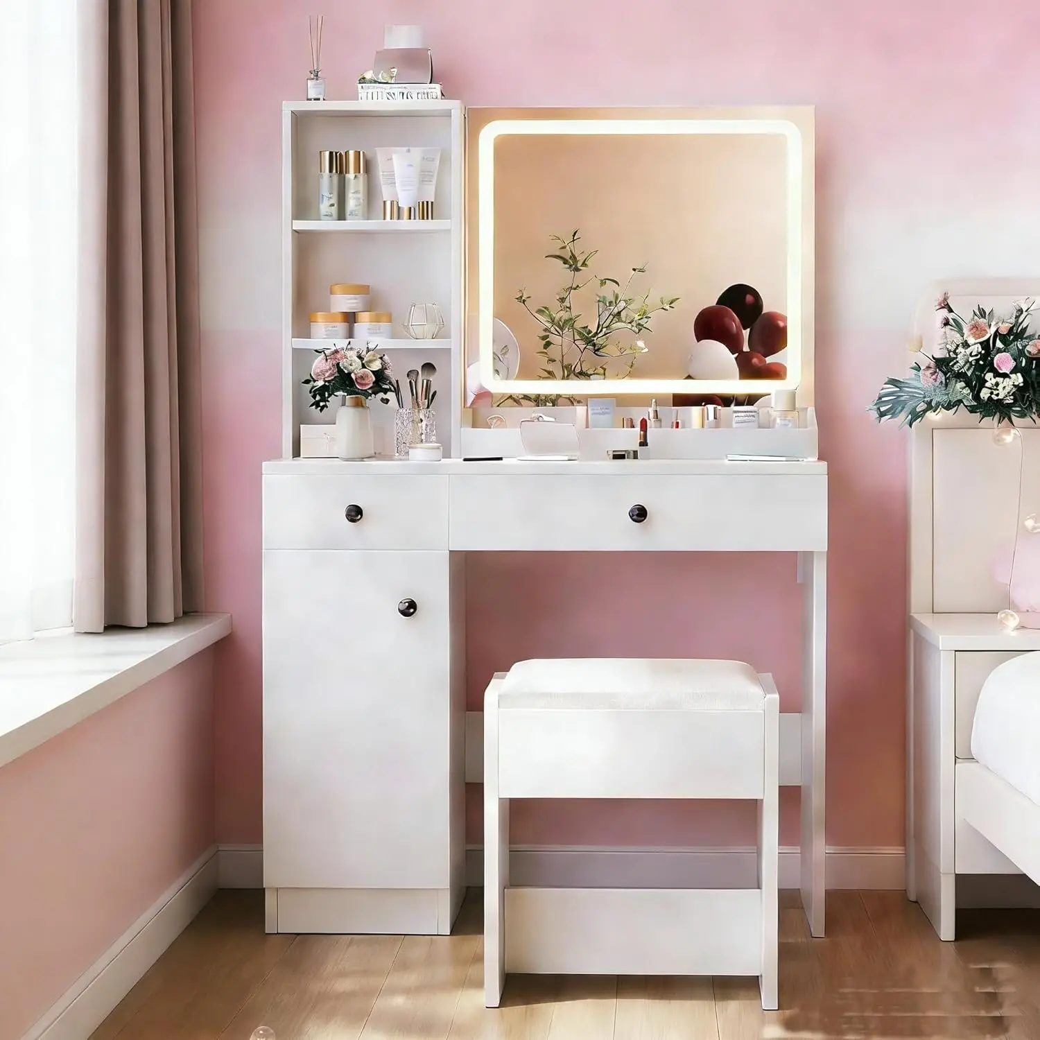 White Vanity Table with Drawer Dresser Women Vanity Makeup Desk with Charging Station Vanity Desk with 3 Color Lights Mirror
White Vanity Table with Drawer Dresser Women Vanity Makeup Desk with Charging Station Vanity Desk with 3 Color Lights Mirror
