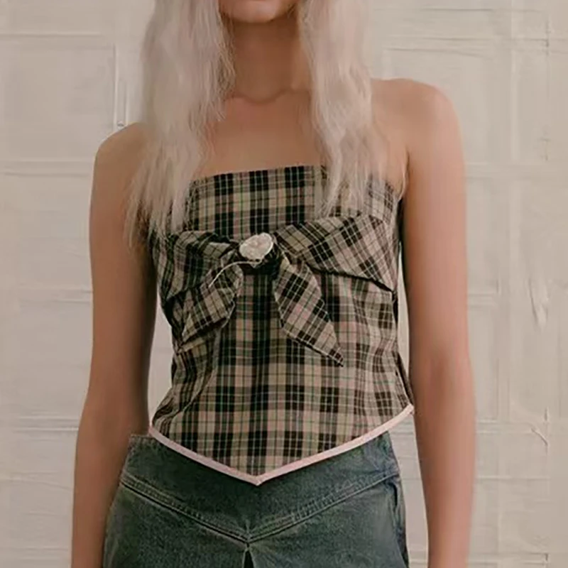 Women's Plaid Short Bustier Backless Top,Fashion Sexy Bow Decoration Tank Top,High Quality Corset,Summer,New,2025
Women's Plaid Short Bustier Backless Top,Fashion Sexy Bow Decoration Tank Top,High Quality Corset,Summer,New,2025
