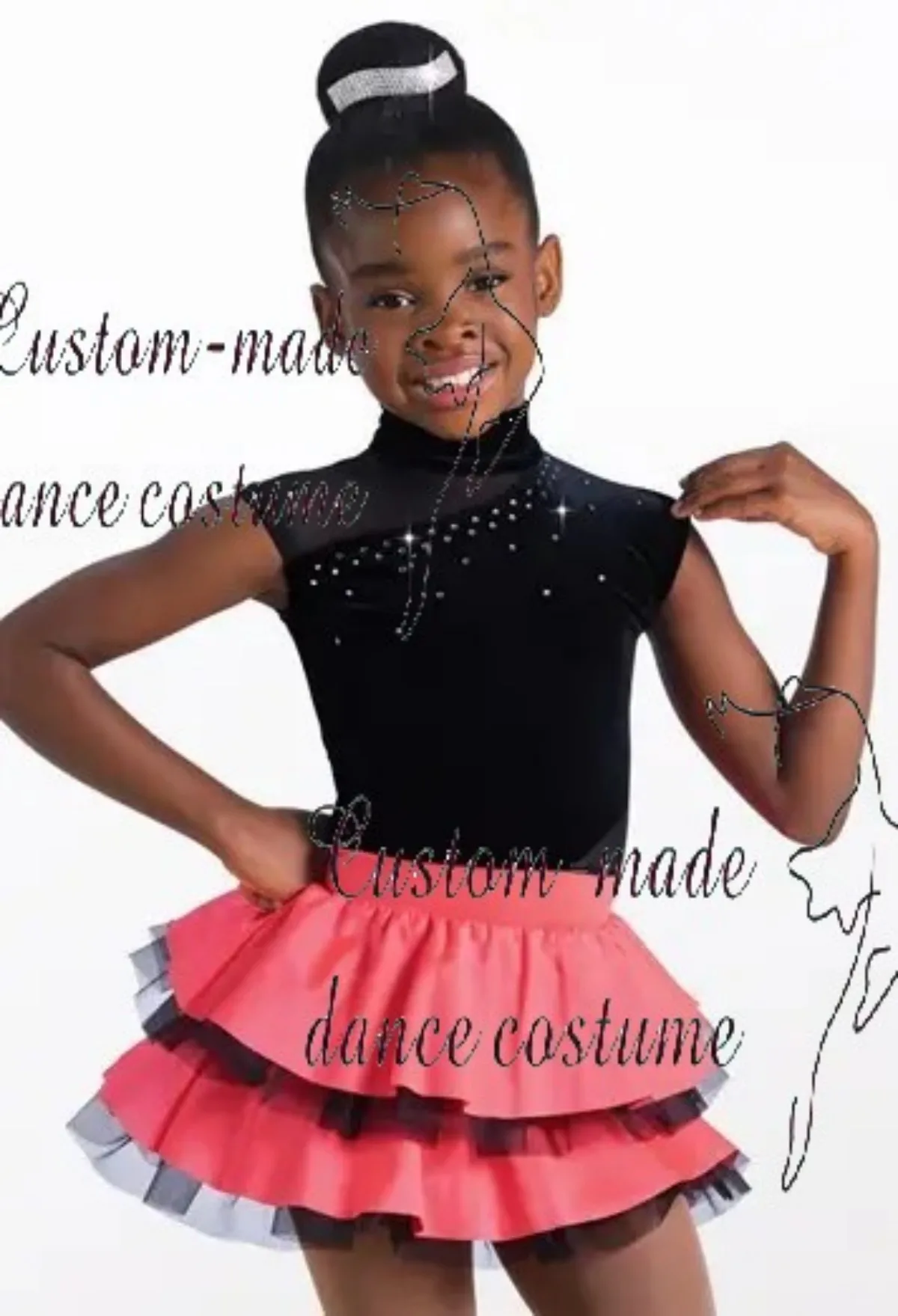 Black & Coral Pop Custom Dance Costume for Girls, Velvet High Neck Leotard with Rhinestones and Tiered Skirt, Stage Performance
Black & Coral Pop Custom Dance Costume for Girls, Velvet High Neck Leotard with Rhinestones and Tiered Skirt, Stage Performance