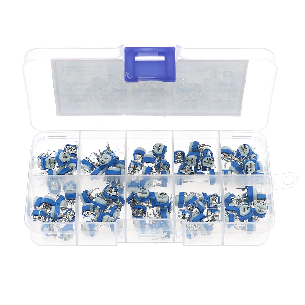 100pcs 10Value 100R-500K RM065 6mm Horizontal Trimpot Potentiometer Assorted Kit
100pcs 10Value 100R-500K RM065 6mm Horizontal Trimpot Potentiometer Assorted Kit