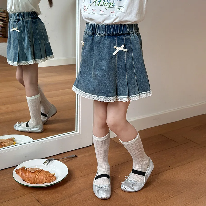 Girls Dress Children Bow Denim Skirt Girls Korean Version Skirt Sweet Lace Hem Pleated Skirt Korean Sweet Style Clothes
Girls Dress Children Bow Denim Skirt Girls Korean Version Skirt Sweet Lace Hem Pleated Skirt Korean Sweet Style Clothes