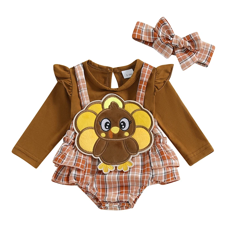 Baby Girl Thanksgiving Romper Long Sleeve Crew Neck Turkey Embroidery Plaid Jumpsuit with Bow Headband
Baby Girl Thanksgiving Romper Long Sleeve Crew Neck Turkey Embroidery Plaid Jumpsuit with Bow Headband