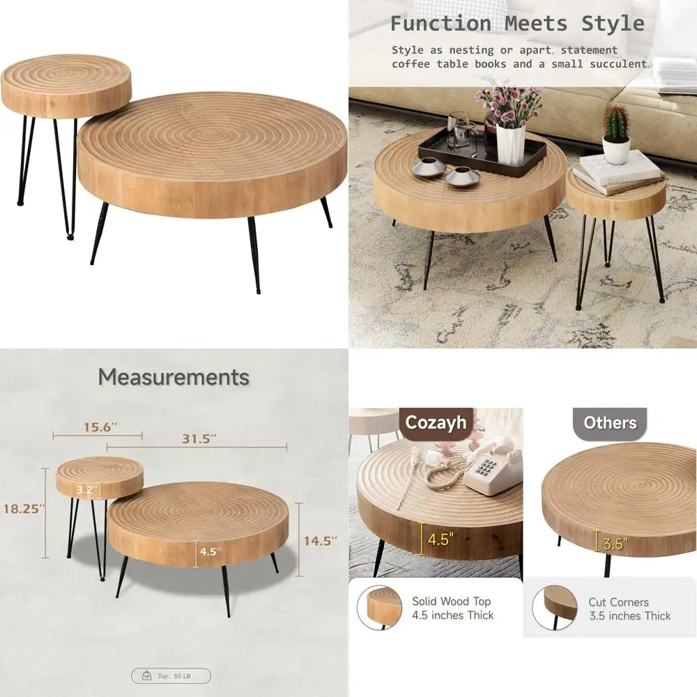 Набор круглых журнальных столиков для современных гостиных в фермерском доме, дерево ручной работы с натуральной отделкой и кольцевым узором 
Набор круглых журнальных столиков для современных гостиных в фермерском доме, дерево ручной работы с натуральной отделкой и кольцевым узором