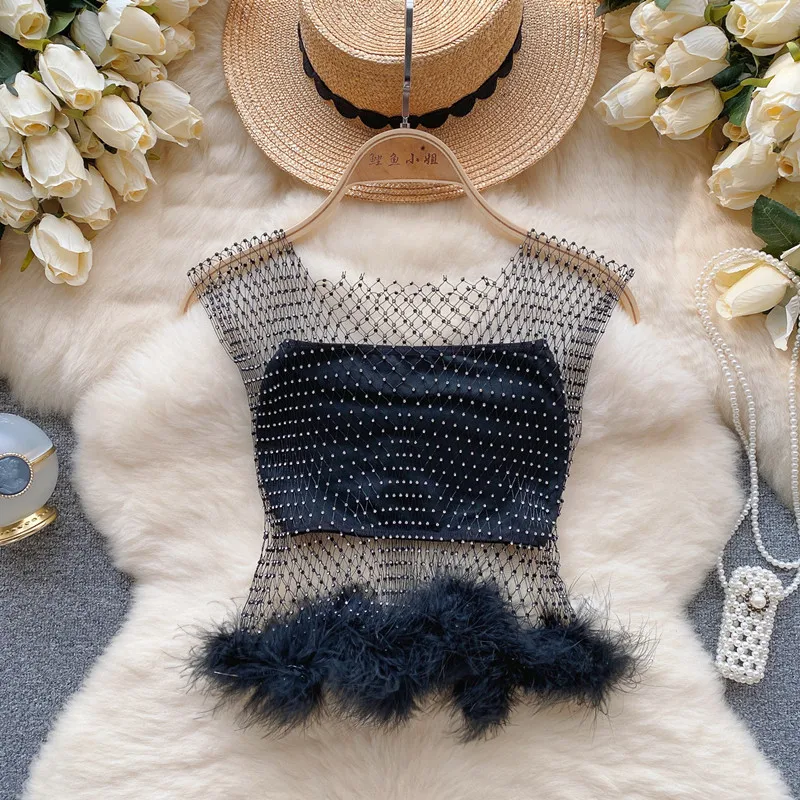 Girl Style Sexy hollow out perspective mesh diamond vest Short Top Women's Summer With Wrap Chest set
Girl Style Sexy hollow out perspective mesh diamond vest Short Top Women's Summer With Wrap Chest set