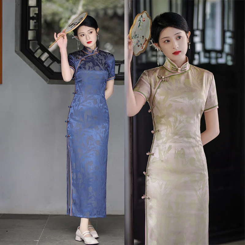 Vintage Jacquard Satin Qipao Elegant Short Sleeve Chinese Women Chongsam Dress Vestidos Fashion Improved Banquet Gown
Vintage Jacquard Satin Qipao Elegant Short Sleeve Chinese Women Chongsam Dress Vestidos Fashion Improved Banquet Gown