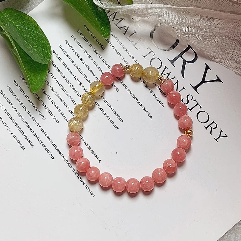 Natural Rhodochrosite & Gold Rutilated Quartz Bracelet: Pink Gemstone Beaded Bracelet 6-7mm
Natural Rhodochrosite & Gold Rutilated Quartz Bracelet: Pink Gemstone Beaded Bracelet 6-7mm