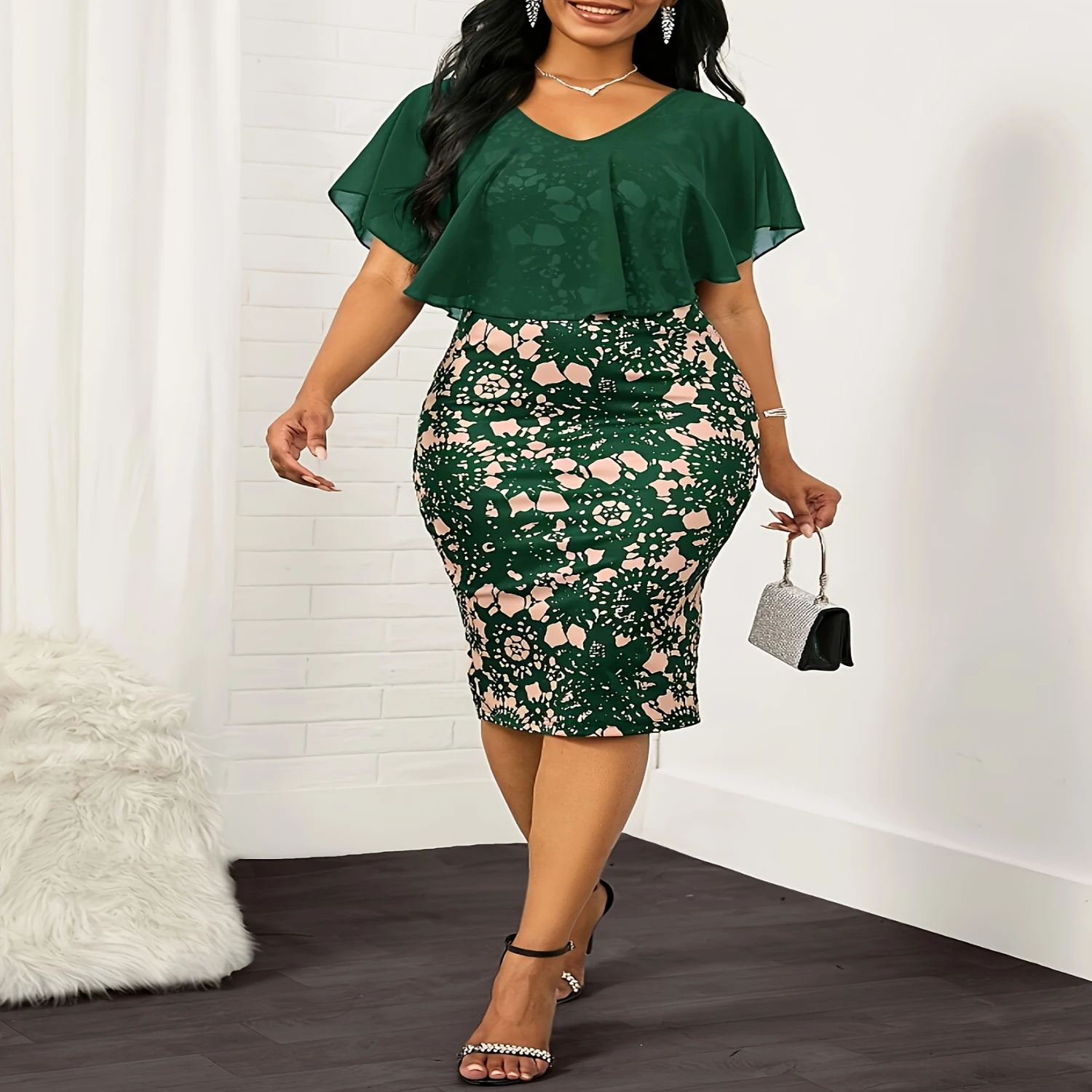 Floral Pattern Contrast Mesh Bodycon Dress, Elegant Cape Sleeve Dress, Women's Clothing
Floral Pattern Contrast Mesh Bodycon Dress, Elegant Cape Sleeve Dress, Women's Clothing
