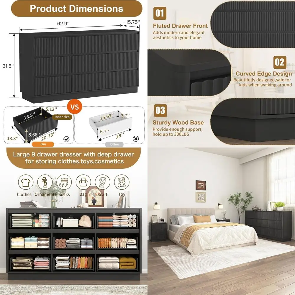 Черный комод с 9 ящиками, изогнутыми краями и без ручек, для спальни, гостиной или гардеробной
Черный комод с 9 ящиками, изогнутыми краями и без ручек, для спальни, гостиной или гардеробной