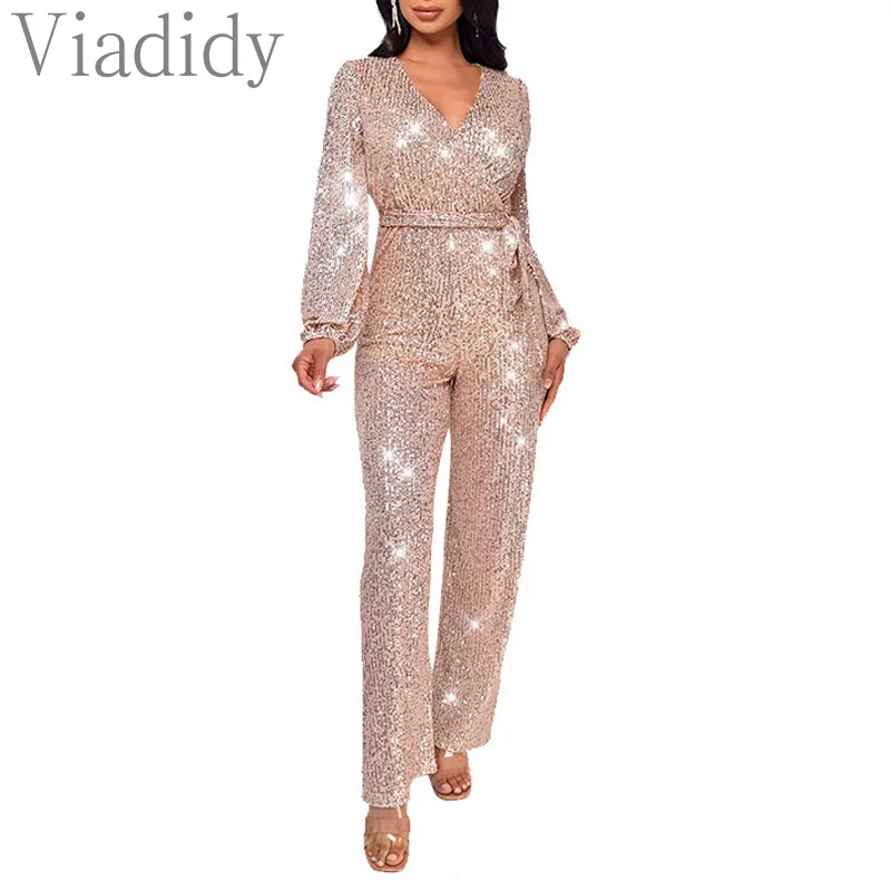 Women Sexy Solid Color Deep V Neck Lantern Sleeve Glitter Sequin Decor Jumpsuits with Belt
Women Sexy Solid Color Deep V Neck Lantern Sleeve Glitter Sequin Decor Jumpsuits with Belt