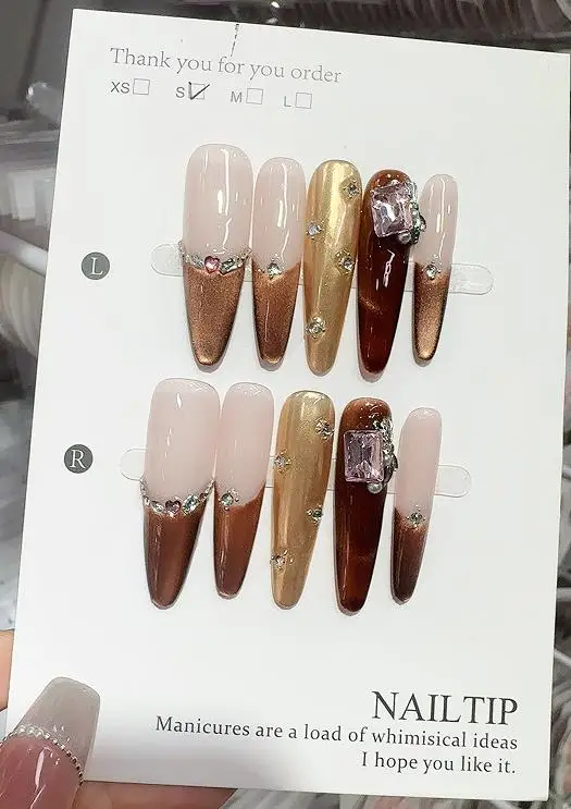 10PCS Retro Brown Long Almond Press on Nail 3D Rhinestones French Handmade Glitter Cat Eye Fake Nail Full Cover Artificial Nails 
10PCS Retro Brown Long Almond Press on Nail 3D Rhinestones French Handmade Glitter Cat Eye Fake Nail Full Cover Artificial Nails