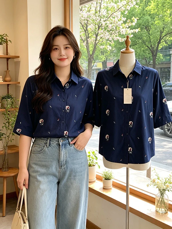 Loose Fit Short Sleeve Embroidered Cotton Shirt for Women Summer 2026 Slimming Hide Belly Age Defying Dark Blue Casual Shirt
Loose Fit Short Sleeve Embroidered Cotton Shirt for Women Summer 2026 Slimming Hide Belly Age Defying Dark Blue Casual Shirt
