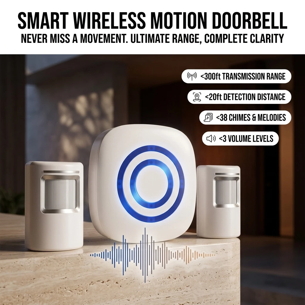 Wireless Home Security Driveway Alarm, Entry Alert, Visitor Door Bell Chime with 1 Plug-in Receiver and 2 PIR Motion Sensor
Wireless Home Security Driveway Alarm, Entry Alert, Visitor Door Bell Chime with 1 Plug-in Receiver and 2 PIR Motion Sensor