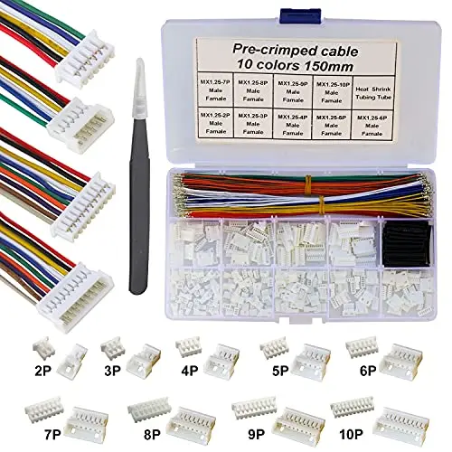 MX 1.25mm Male Female Connector Kit and Premium Pre-Crimped Cables MX1.25 Connectors and 200pcs 28AWG Cable
MX 1.25mm Male Female Connector Kit and Premium Pre-Crimped Cables MX1.25 Connectors and 200pcs 28AWG Cable