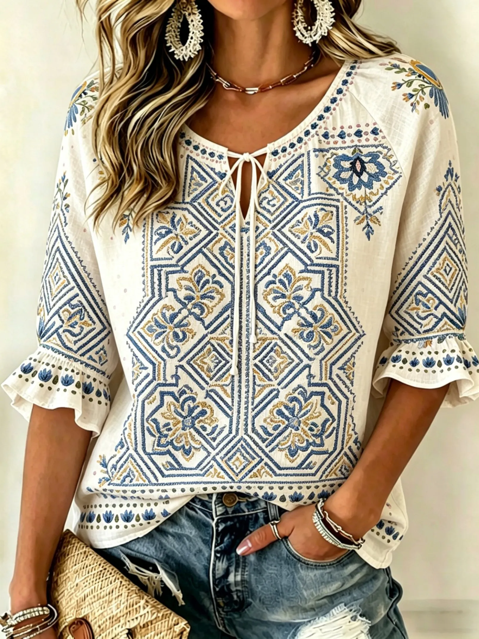 Women's Tie Keyhole Neck Blouse, White Bohemian Blue Gold Geometric Floral Embroidery Print, for Spring Summer Daily Outfits
Women's Tie Keyhole Neck Blouse, White Bohemian Blue Gold Geometric Floral Embroidery Print, for Spring Summer Daily Outfits