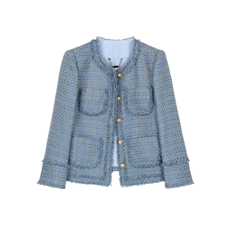 French High Quality Blue Basic Fragrance Jacket Women Round Neck Tassel Plaid Single-breasted Office Lady Elegant Tweed Jacket
French High Quality Blue Basic Fragrance Jacket Women Round Neck Tassel Plaid Single-breasted Office Lady Elegant Tweed Jacket