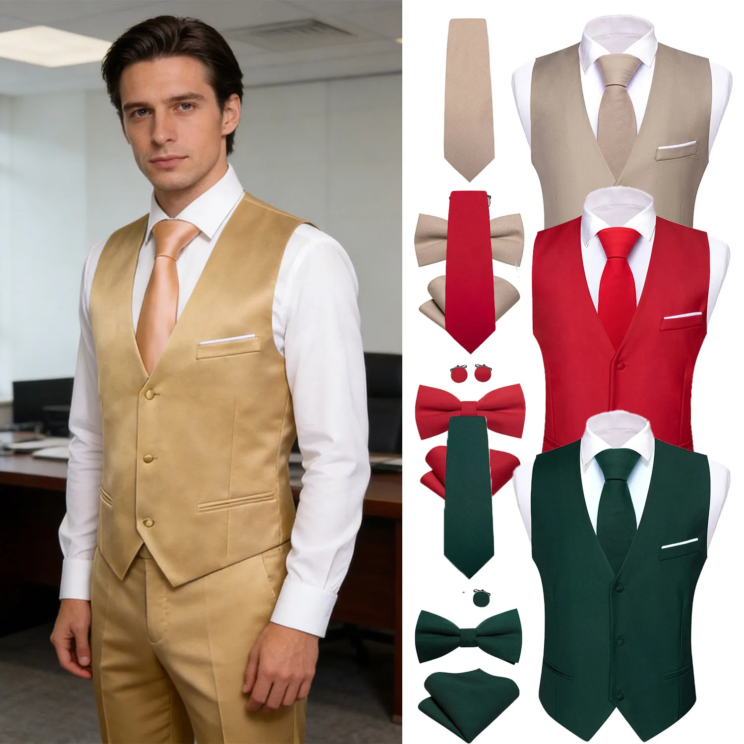 5PCS Men's Vest Jacquard Solid Waistcoat With Hankerchief Cufflinks Bowtie Necktie Fit Wedding Party Gift Office Dail
5PCS Men's Vest Jacquard Solid Waistcoat With Hankerchief Cufflinks Bowtie Necktie Fit Wedding Party Gift Office Dail