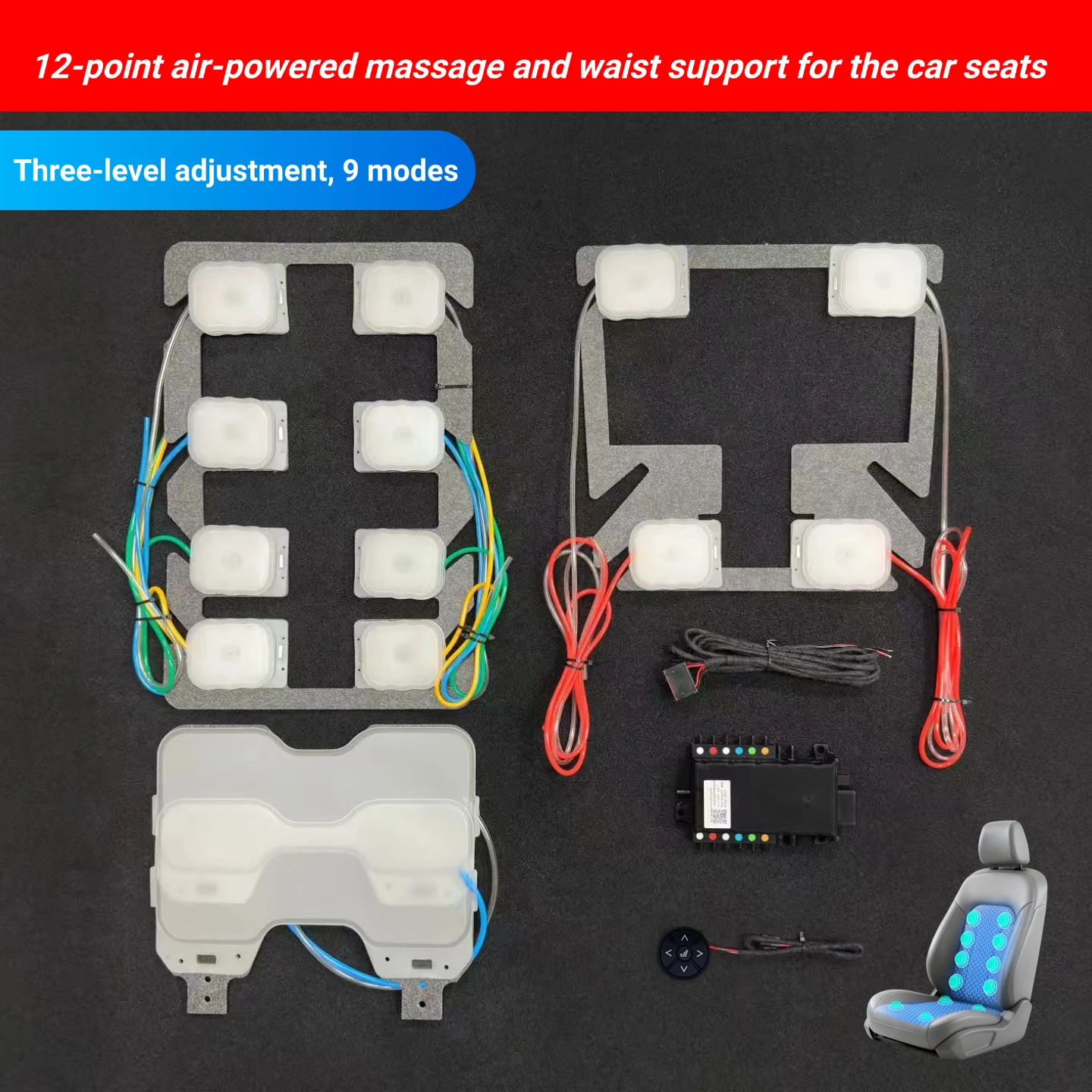 12V 12+2 Point Car Seat Pneumatic Massage Kit Built-in 9 Modes 3 Intensity With Switch Harness For Car SUV Truck
12V 12+2 Point Car Seat Pneumatic Massage Kit Built-in 9 Modes 3 Intensity With Switch Harness For Car SUV Truck