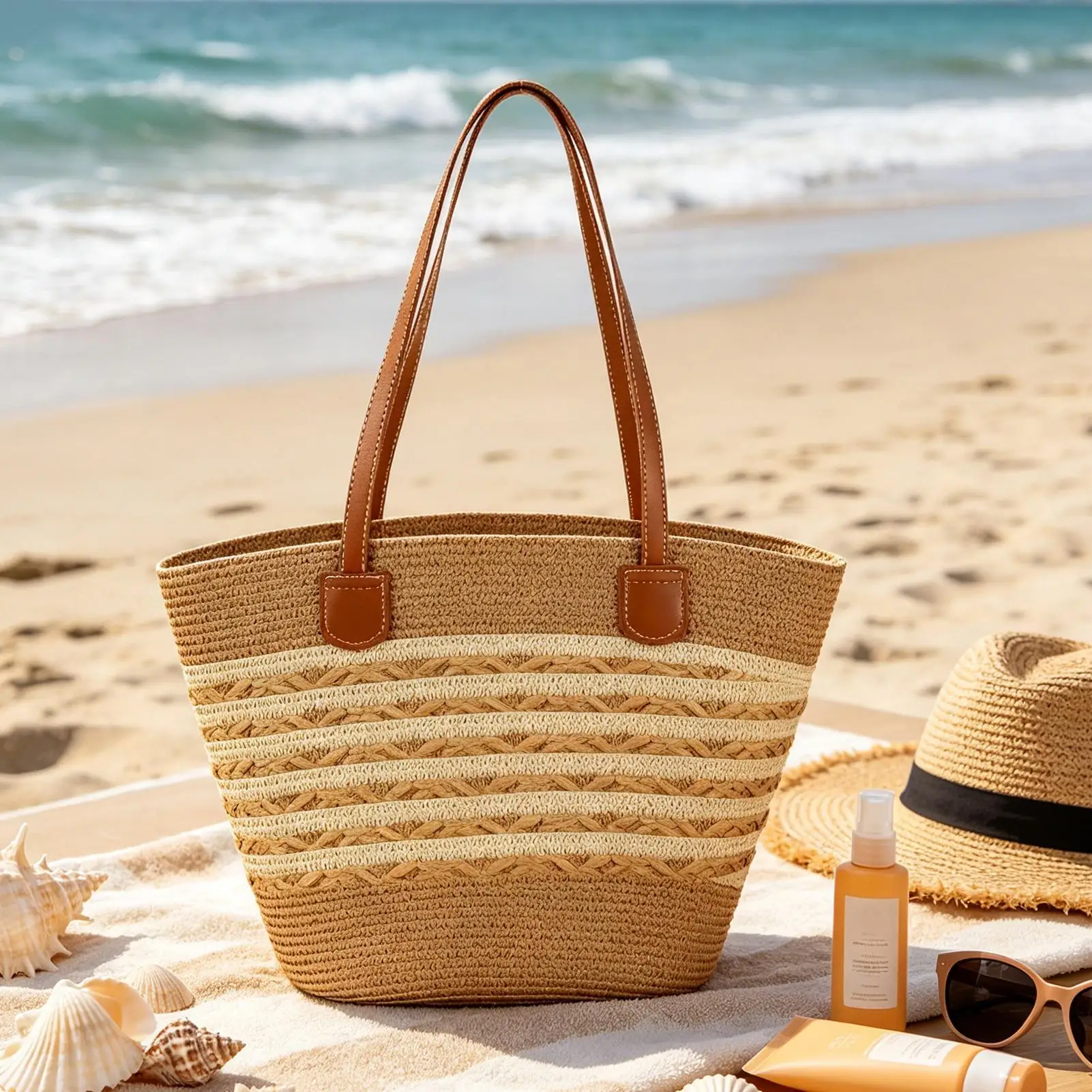 Large Boho Straw Tote Bag Smooth Zipper Shoulder Handbag For Travel Vacation Beach Shopping Office, Summer Bag for Women 2 Sc52b9c77210e40719f52d2d2f7d140a6C