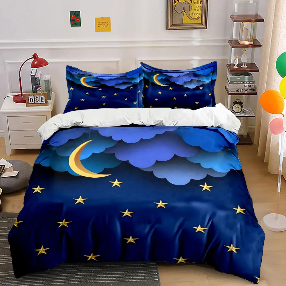 Golden stars under crescent moon sky Pattern Duvet Cover Set Digital Print Colorful Polyester Bedding with Zipper Closur
Golden stars under crescent moon sky Pattern Duvet Cover Set Digital Print Colorful Polyester Bedding with Zipper Closur