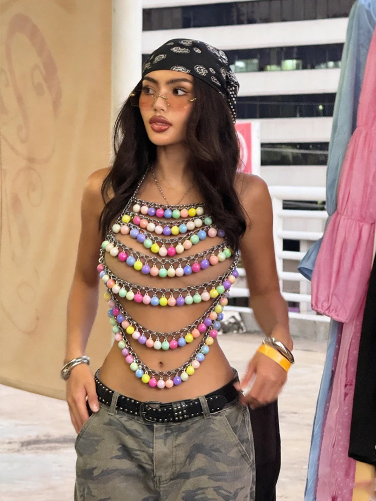Sexy Women Colorful Beaded Chain Halter Top Layered Metal Beaded Body Chain Vest For Party Club Rave Festival Streetwear
Sexy Women Colorful Beaded Chain Halter Top Layered Metal Beaded Body Chain Vest For Party Club Rave Festival Streetwear